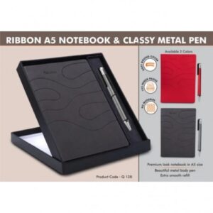 Ribbon Notebook Gift set - A5 Ribbon Notebook With Classy Metal Pen